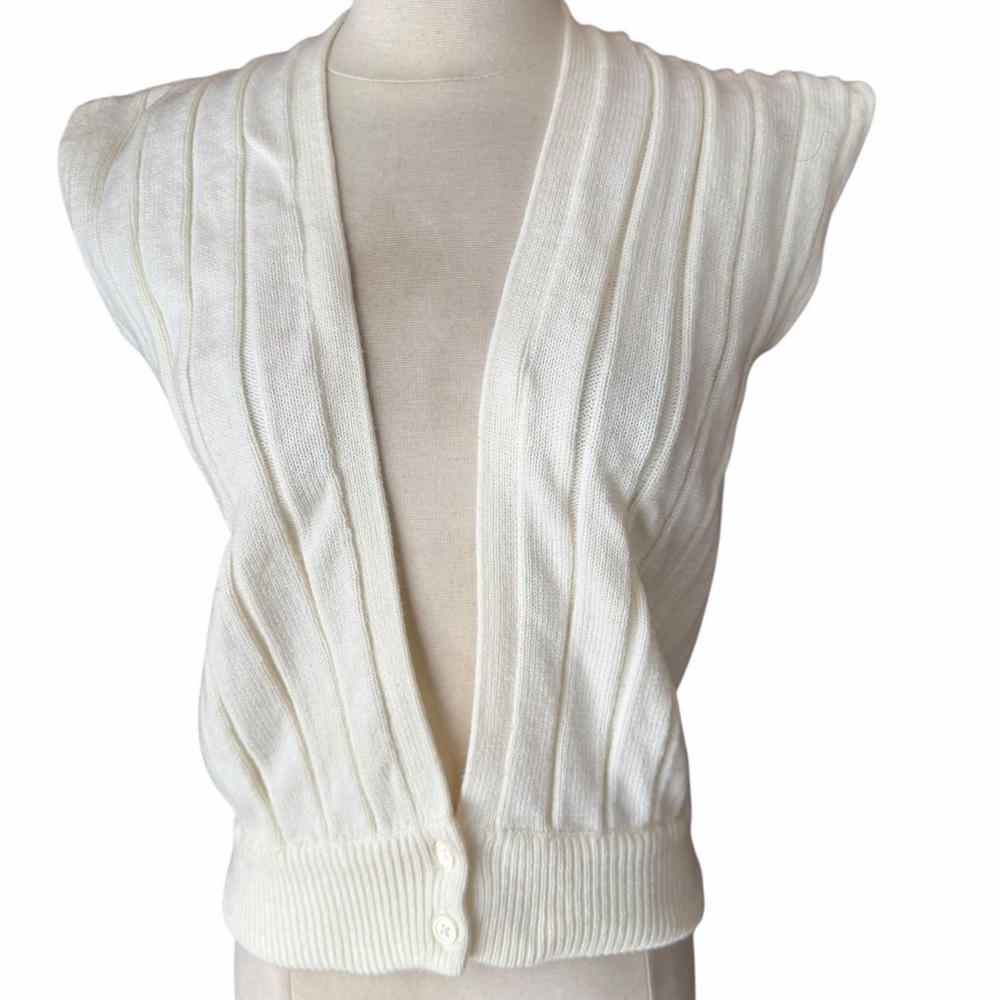 1980s Shenanigans 100% Acrylic Off White Front Button Closure Sleeveless Cardiga